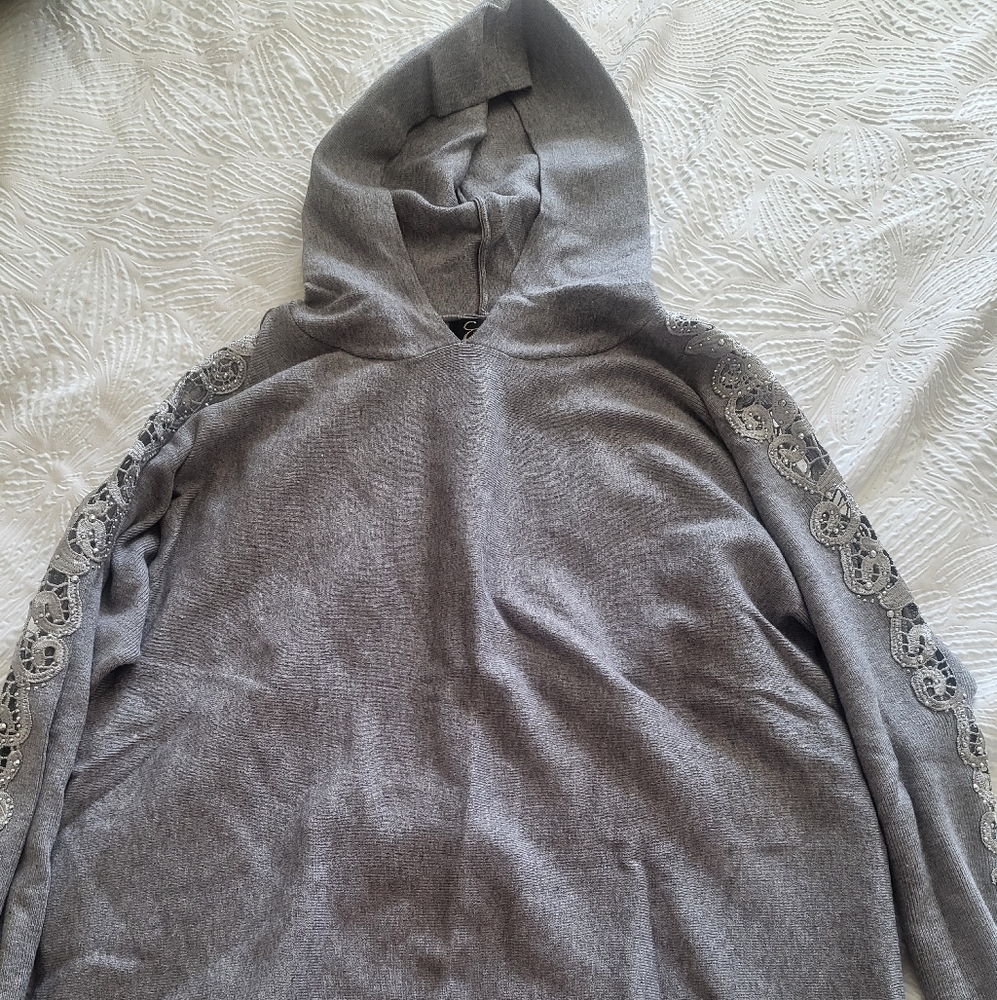 Gray Lace-Trimmed Hoodie